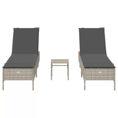  3 részes világosszürke polyrattan napozóágy szett párnával