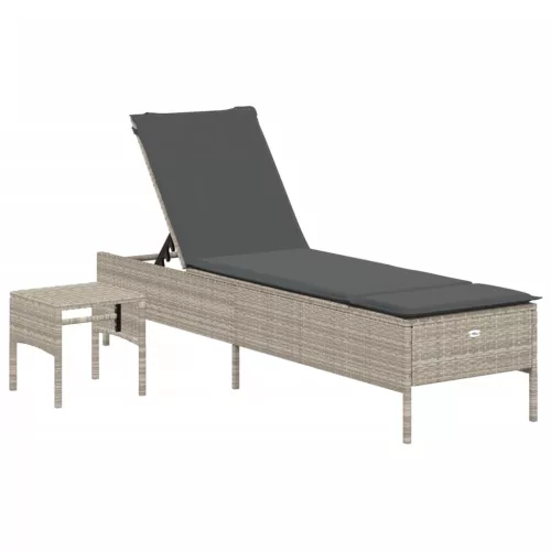  3 részes világosszürke polyrattan napozóágy szett párnával