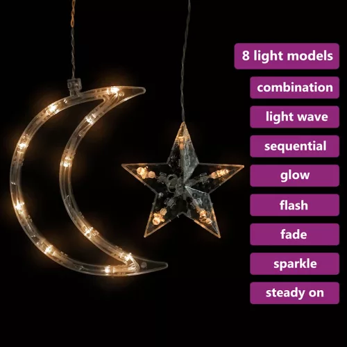  138 meleg fehér LED-es csillag és hold fényfüzér távirányítóval