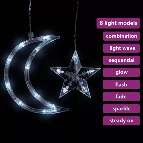  138 hideg fehér LED-es csillag és hold fényfüzér távirányítóval