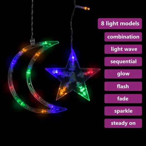  csillag és hold fényfüzér 138 színes LED-del és távirányítóval