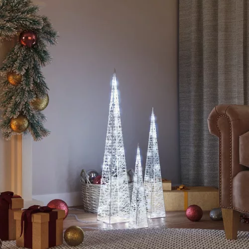  hideg fehér fényű LED-es akril díszfénykúpszett 30/45/60 cm