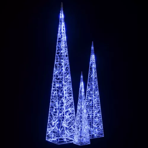  kék fényű LED-es akril díszfénykúpszett 60/90/120 cm