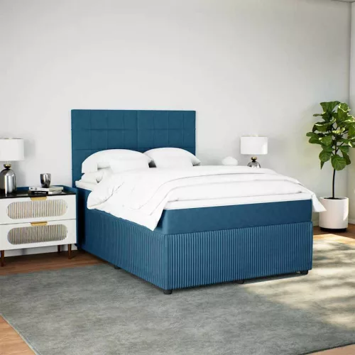  kék bársony rugós ágy matraccal 140 x 200 cm
