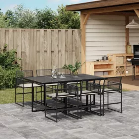    7 részes fekete polyrattan kerti étkezőgarnitúra párnával
