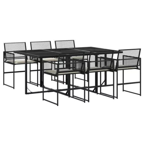  7 részes fekete polyrattan kerti étkezőgarnitúra párnával
