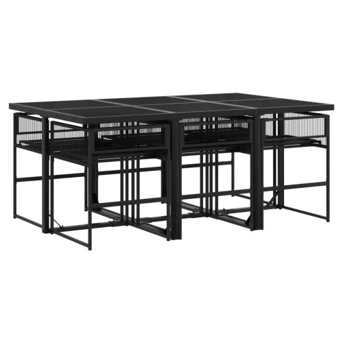  7 részes fekete polyrattan kerti étkezőgarnitúra párnával