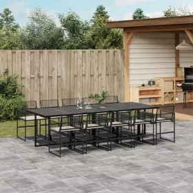    11 részes fekete polyrattan kerti étkezőgarnitúra párnákkal