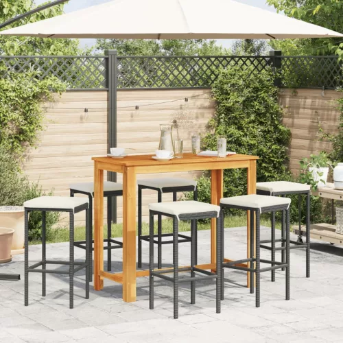  7 részes fekete tömör akácfa és polyrattan kerti bárszett