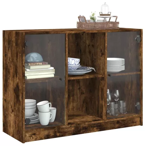  füstös tölgy színű szerelt fa tálalószekrény 102x37x75,5 cm