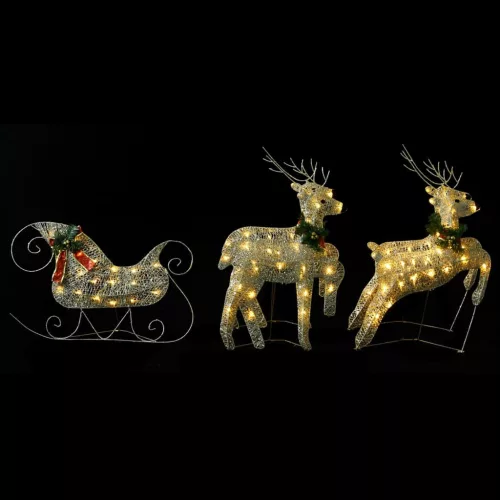  arany kültéri rénszarvas és szán karácsonyi dísz 100 LED-del