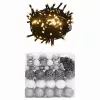  120 részes fehér-szürke karácsonyi gömbszett csúccsal + 300 LED