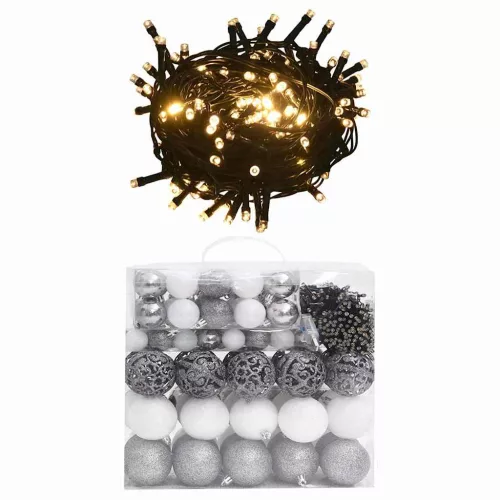 120 részes fehér-szürke karácsonyi gömbszett csúccsal + 300 LED