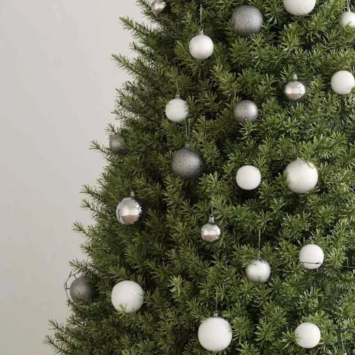  120 részes fehér-szürke karácsonyi gömbszett csúccsal + 300 LED