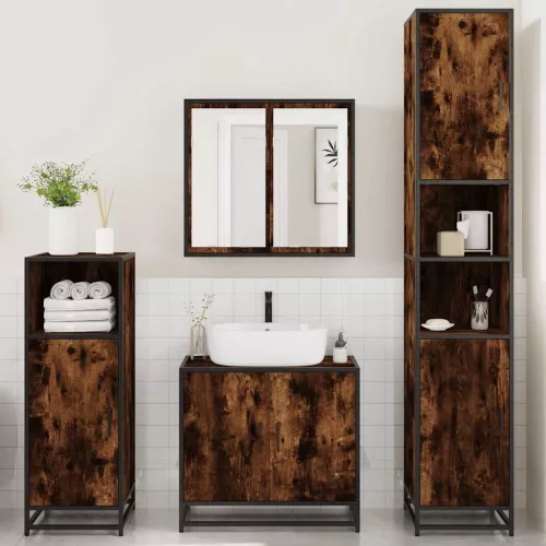  4 részes füstös tölgy színű szerelt fa fürdőszobai bútorszett
