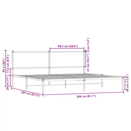  barna tölgy színű fém ágykeret matrac nélkül 200 x 200 cm