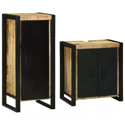  Fürdőszoba bútor szett tárolóval 2 pcs Barna Tömör Mangófát