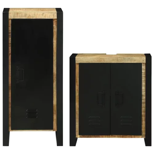  Fürdőszoba bútor szett tárolóval 2 pcs Barna Tömör Mangófát