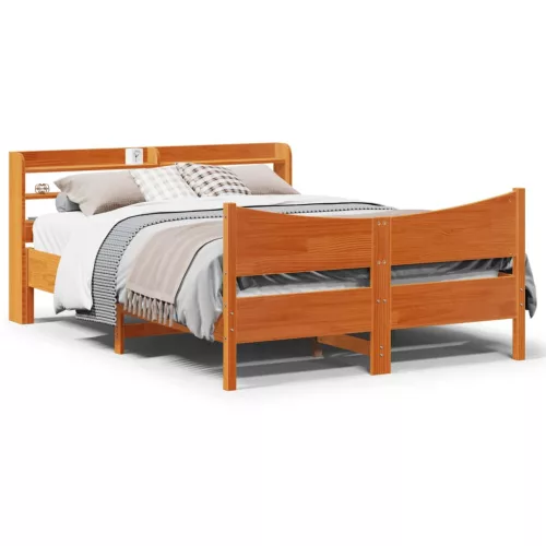  viaszbarna tömör fenyőfa ágykeret fejtámlával 135 x 190 cm