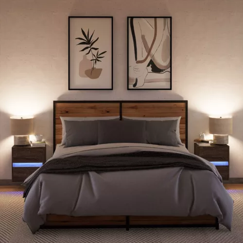  2 db barna tölgy színű éjjeliszekrény LED-világítással