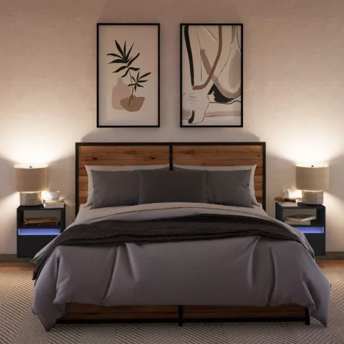  2 db fekete falra szerelhető éjjeliszekrény LED-világítással