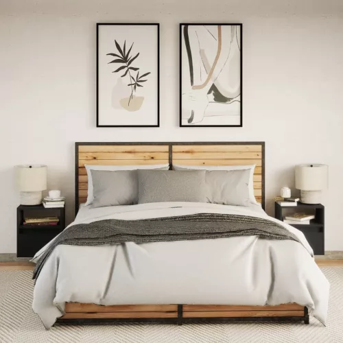  2 db fekete falra szerelhető éjjeliszekrény LED-világítással