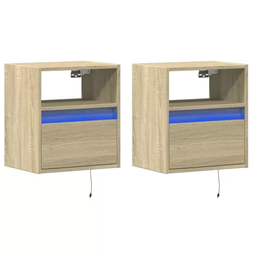  2 db sonoma tölgy színű fali éjjeliszekrény LED-világítással