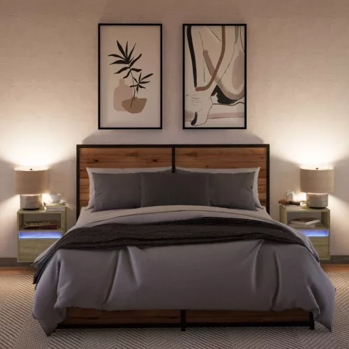  2 db sonoma tölgy színű fali éjjeliszekrény LED-világítással