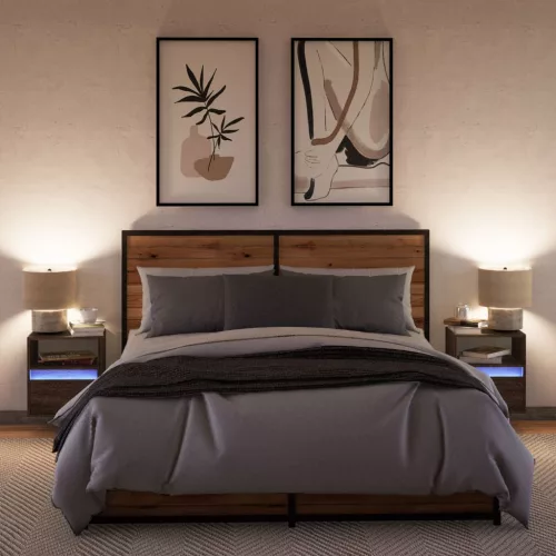  2 db barna tölgy színű éjjeliszekrény LED-világítással