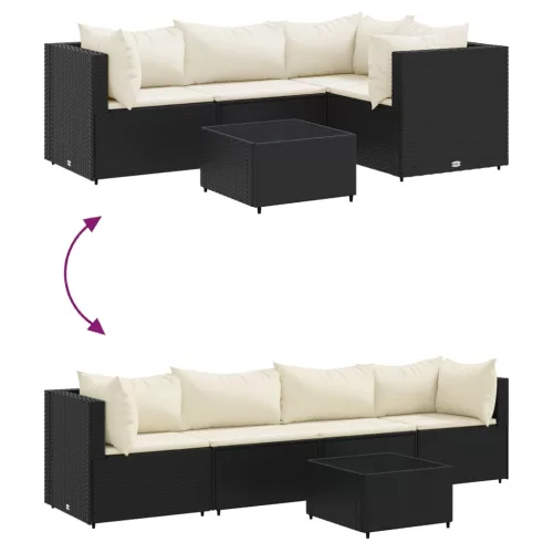  5 részes fekete polyrattan kerti ülőgarnitúra párnákkal