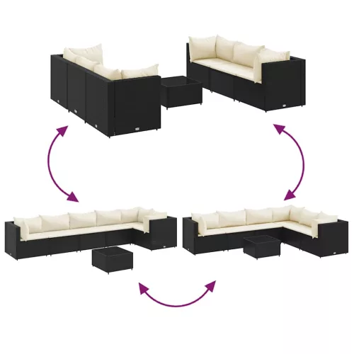  7 részes fekete polyrattan kerti ülőgarnitúra párnákkal