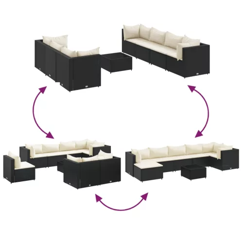  8 részes fekete polyrattan kerti ülőgarnitúra párnákkal