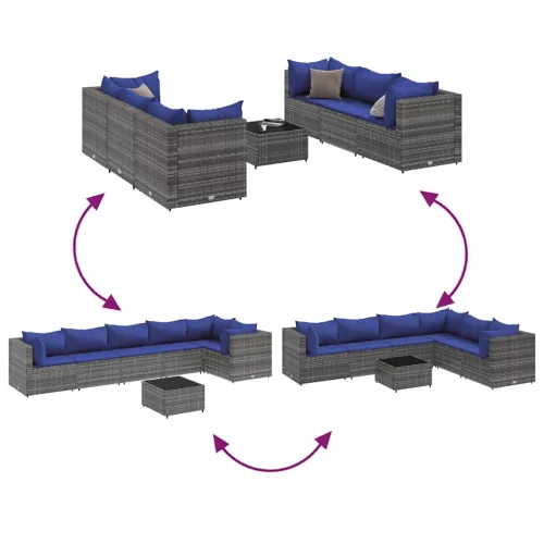 7 részes szürke polyrattan kerti ülőgarnitúra párnákkal