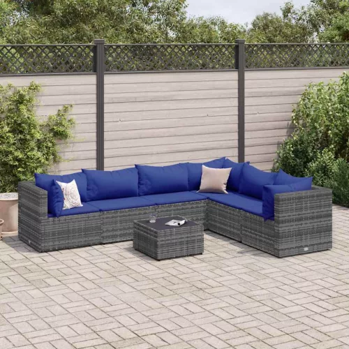  7 részes szürke polyrattan kerti ülőgarnitúra párnákkal
