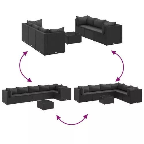  7 részes fekete polyrattan kerti ülőgarnitúra párnákkal