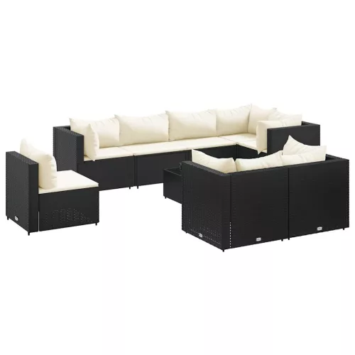  9 részes fekete polyrattan kerti ülőgarnitúra párnákkal