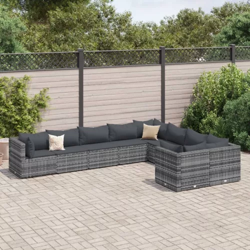  9 részes szürke polyrattan kerti ülőgarnitúra párnákkal
