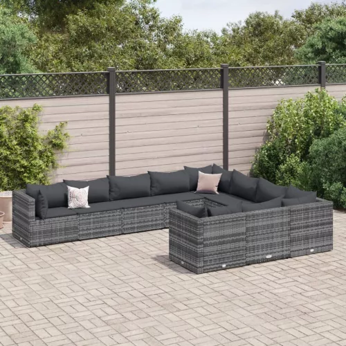  10 részes szürke polyrattan kerti ülőgarnitúra párnákkal
