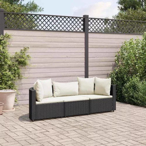  3 részes fekete polyrattan kerti ülőgarnitúra párnával