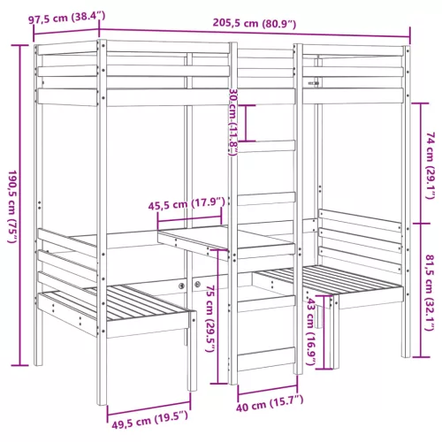  tömör fenyő galériaágy-keret asztallal és székekkel 90 x 200 cm