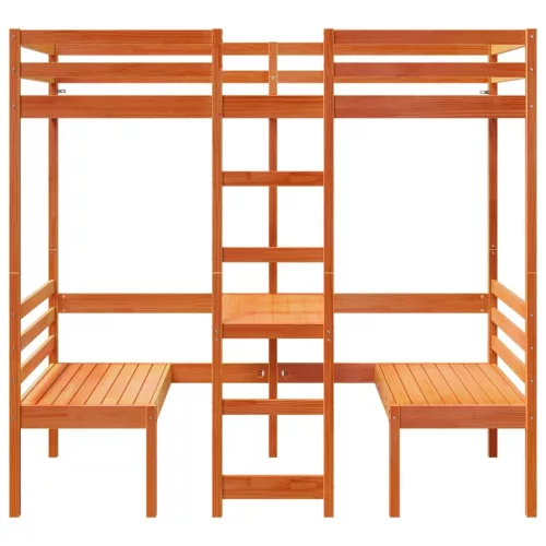  barna fenyő galériaágy-keret asztallal és székekkel 90 x 175 cm