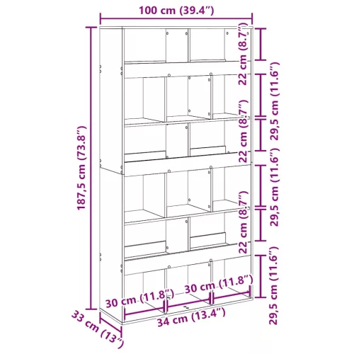  kézműves tölgy színű szerelt fa könyvespolc 100 x 33 x 187,5 cm