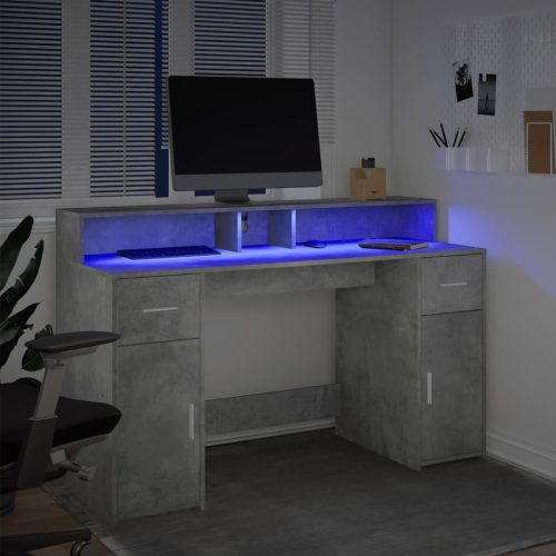  betonszürke szerelt fa íróasztal LED-világítással 140x55x91 cm