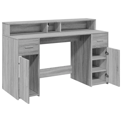  szürke sonoma színű szerelt fa íróasztal LED-ekkel 140x55x91 cm