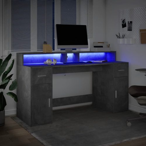  betonszürke szerelt fa íróasztal LED-világítással 160x55x91 cm