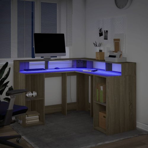  sonoma tölgy színű szerelt fa íróasztal LED-ekkel 130x130x91 cm