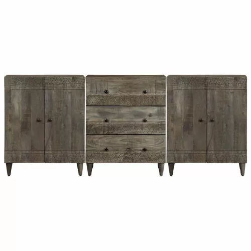  3 db világosszürke tömör mangófa tálalószekrény 60x33,5x75 cm