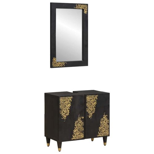  Fürdőszobai Szekrény Szett ajtóval 2 pcs Fekete Tömör Mangófát