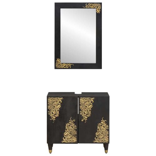  Fürdőszobai Szekrény Szett ajtóval 2 pcs Fekete Tömör Mangófát