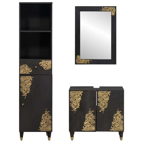  Fürdőszobai Szekrény Szett fiókkal 3 pcs Fekete Tömör Mangófát